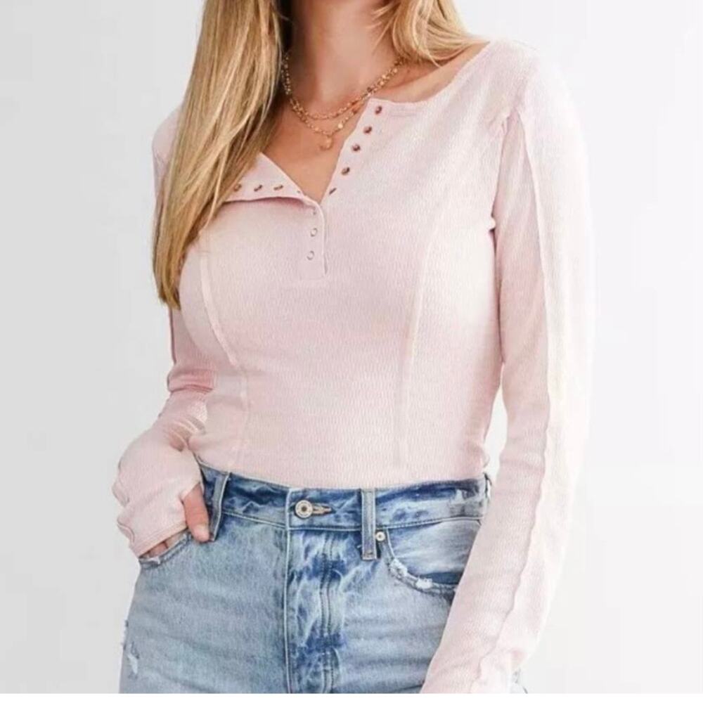 Free People Sloane Long Sleeve Bodysuit Women's XS Pink Nectar Henley Neckline